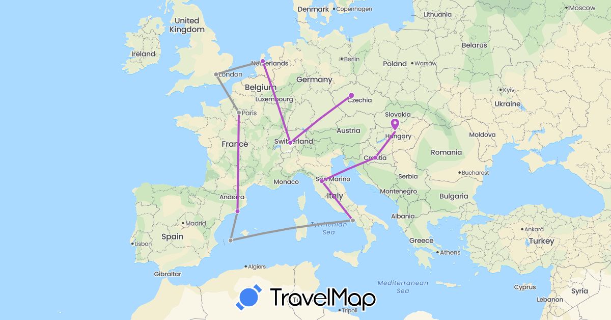TravelMap itinerary: driving, plane, train in Switzerland, Czech Republic, Spain, France, United Kingdom, Croatia, Hungary, Italy, Netherlands (Europe)